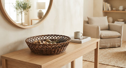 Shallow decorative display basket in dark-toned willow