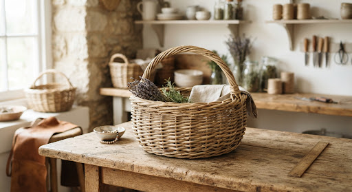 Round harvest basket woven from pale natural willow
