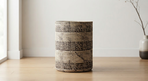 Tall cylindrical storage basket with a geometric natural weave