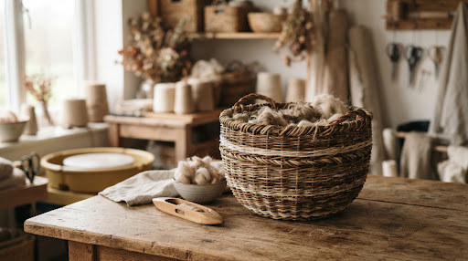 Handwoven willow basket in a warm artisan studio