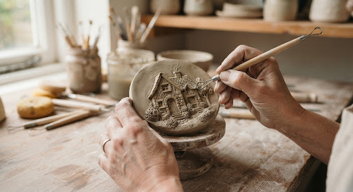 Artisan pouring casting material into a handmade mold
