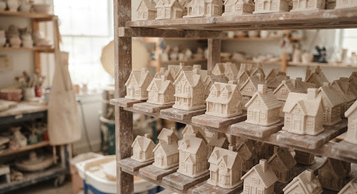 Sunlit artisan studio with a wooden workbench, sculpting tools, clay, and natural fibers