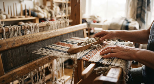 Natural fibers being woven at a wooden worktable